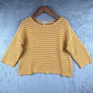 Coldwater Creek Open Knit Sweater Womens XL Cropped Mustard Yellow 3/4 Sleeve